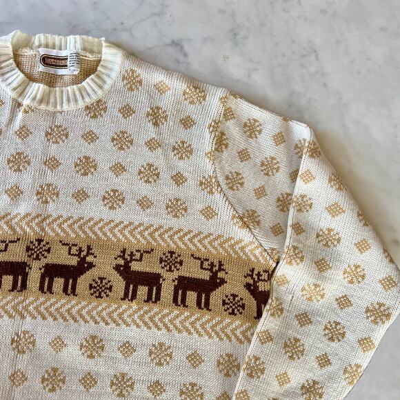 Vintage Bamberger's Deer Snowflake Nordic Knit Crewneck Sweater / L XL - Picture 3 of 8
